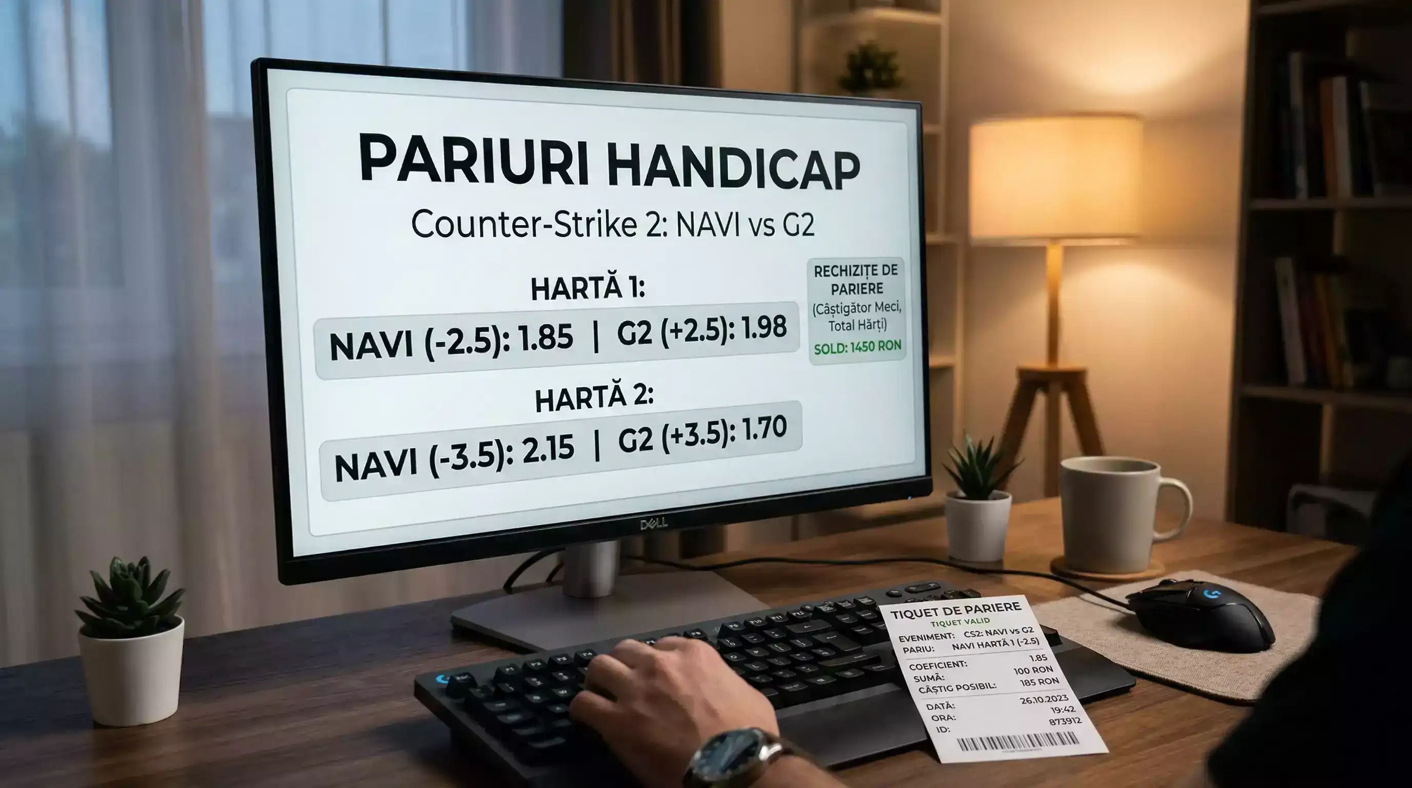 Ecran cu cote handicap pe meci eSports si bilet de pariuri pe birou